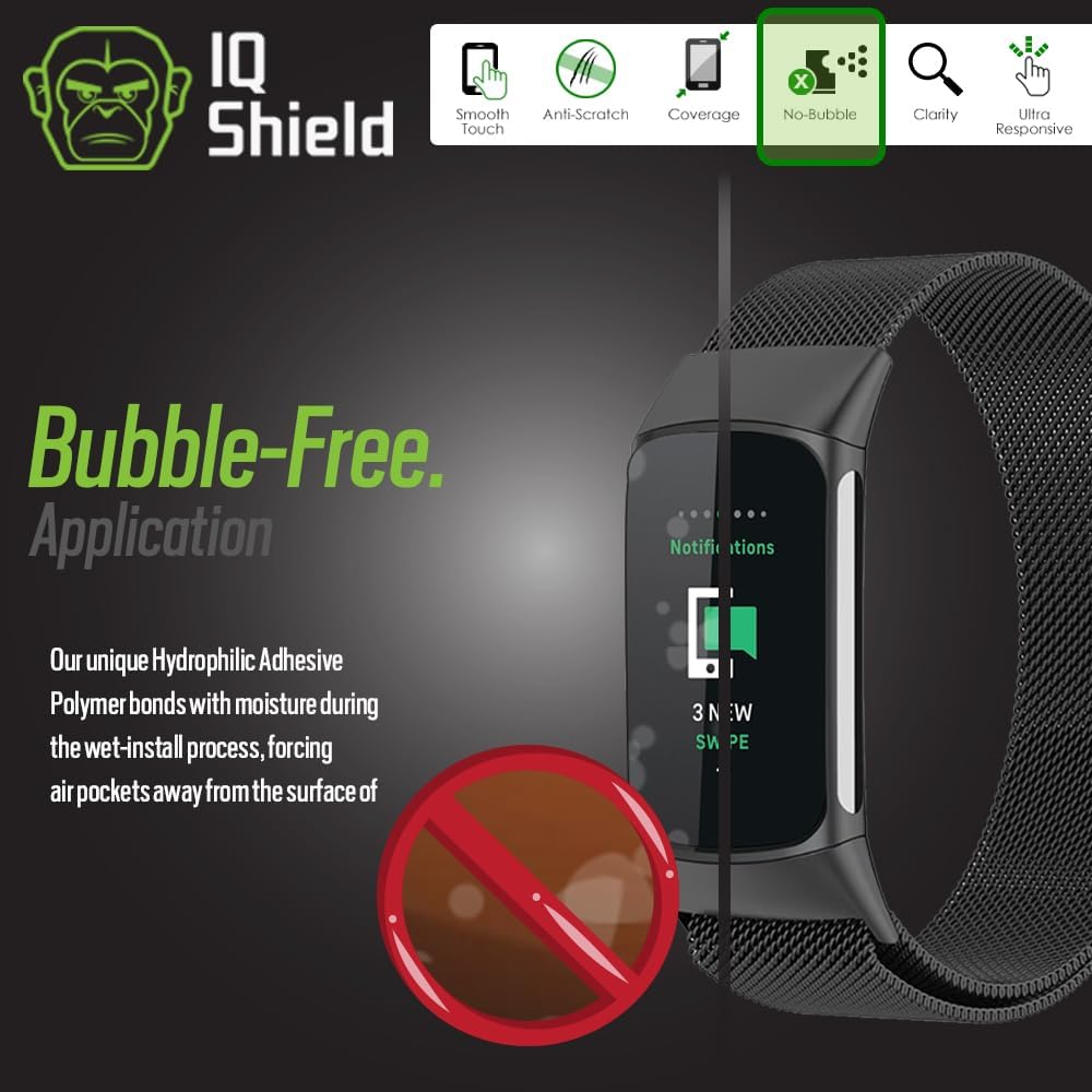 IQShield Protector de pantalla compatible con Fitbit Charge 6  Charge 5 (paquete de 6) película de TPU transparente antiburbujas