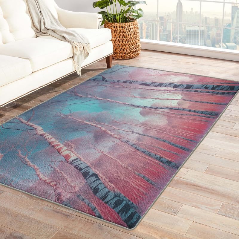 Alfombras blancas de abedul para dormitorio, sala de estar, alfombra de bosque de 6 x 9 pies, lavable, antideslizante, suave, alfombra de área de