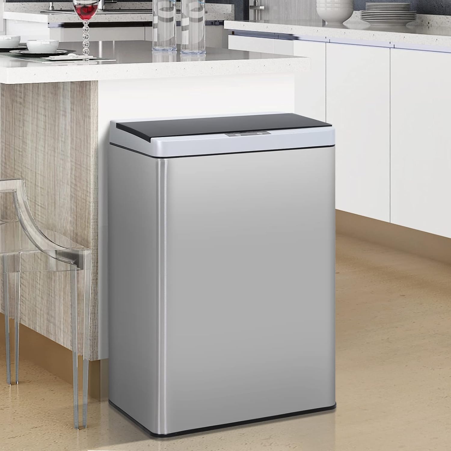 Dkeli Basurero automático sin contacto de 13 galones con sensor de movimiento de alta capacidad con tapa para el hogar, cocina y oficina, acero