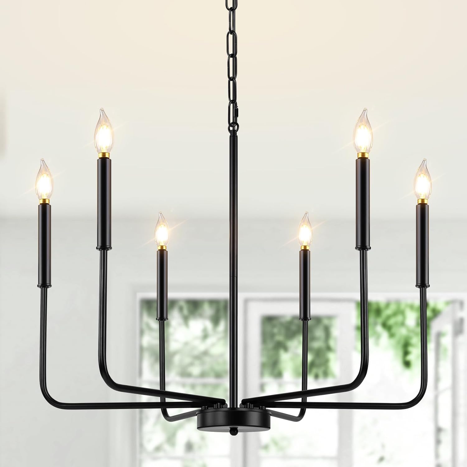 Candelabro negro, 6 luces modernas de granja para accesorios de iluminación de comedor, iluminación industrial rústica colgante de vela para