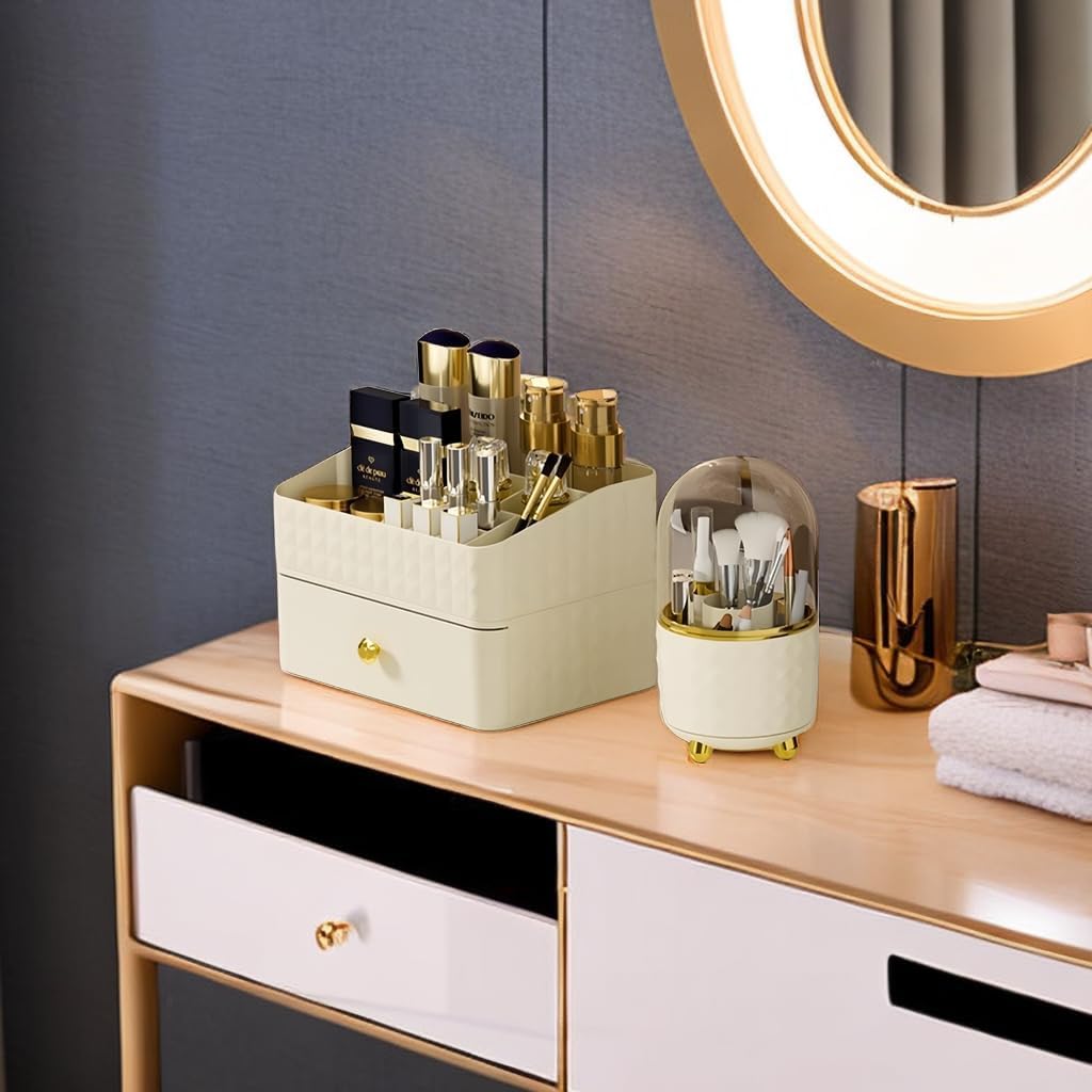 Organizador de maquillaje con cajones apilables, organizador de cosméticos de gran capacidad con soporte para cepillos, vitrina apilable de