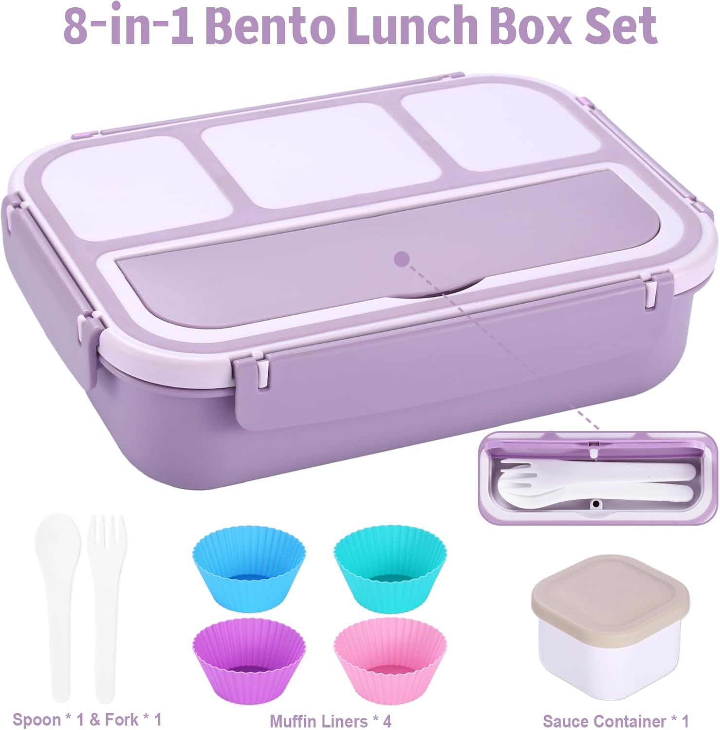 Bento Box – Lonchera para adultos, recipientes para niños y niñas con 4 compartimentos, contenedor de alimentos con utensilios, tarro de salsa,