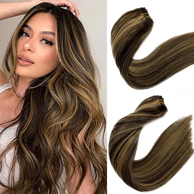 Extensiones de cabello humano Remy con balayage atadas a mano, 24 pulgadas de largo, 4.23 onzas, color castaño medio, con reflejos rubio miel,