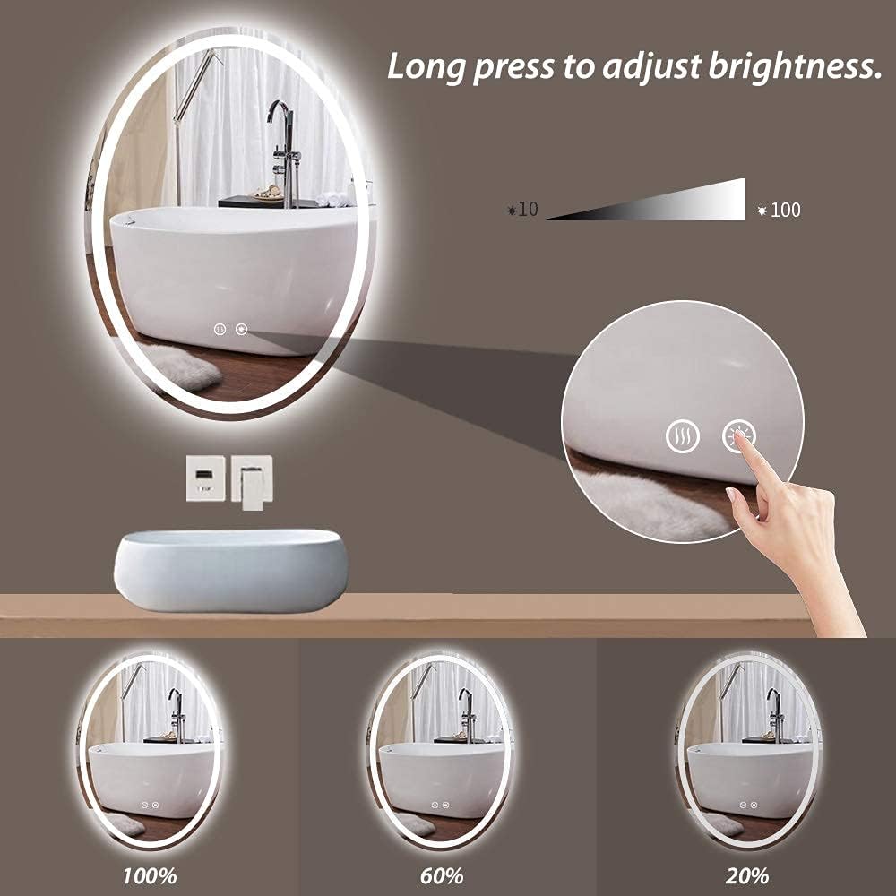 TokeShimi Espejo de baño LED ovalado de 24 x 32 pulgadas, espejo iluminado antivaho, espejo retroiluminado para baño, espejo regulable para montaje