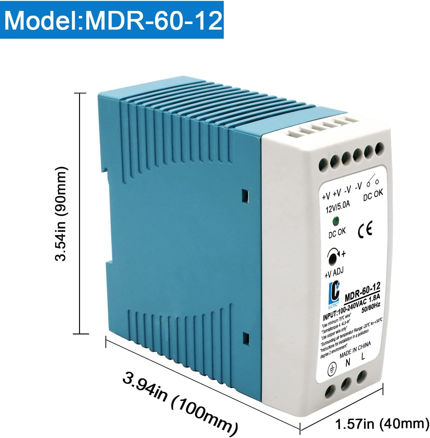 Fuente de alimentación de conmutación CC de 12 V MDR 60 W (entrada 100-240 VAC, salida 12 VCC, 5060 HZ), adaptador de fuente de alimentación