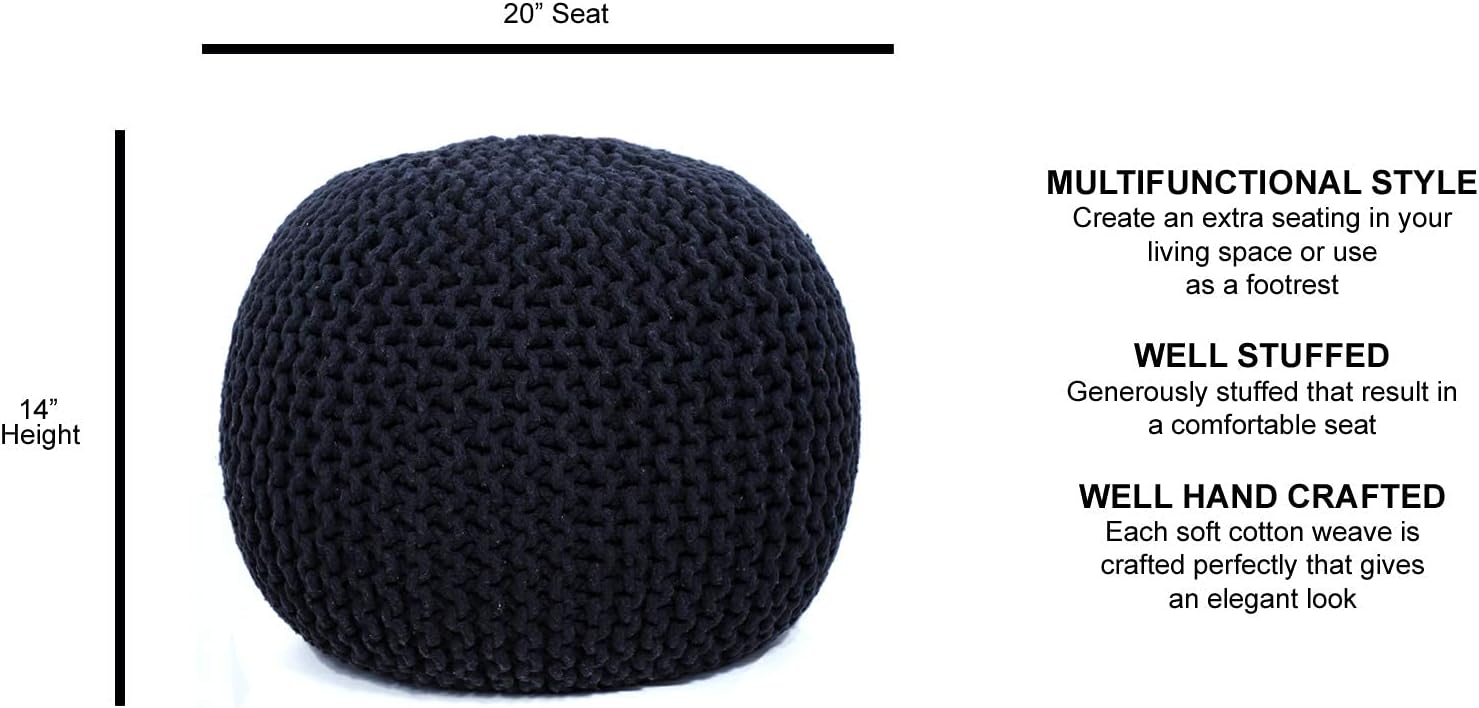 FRELISH DECOR – Puf redondo otomano tejido a mano, 100% algodón, puf de punto, silla de suelo para sala de estar, reposapiés de dormitorio para sofá