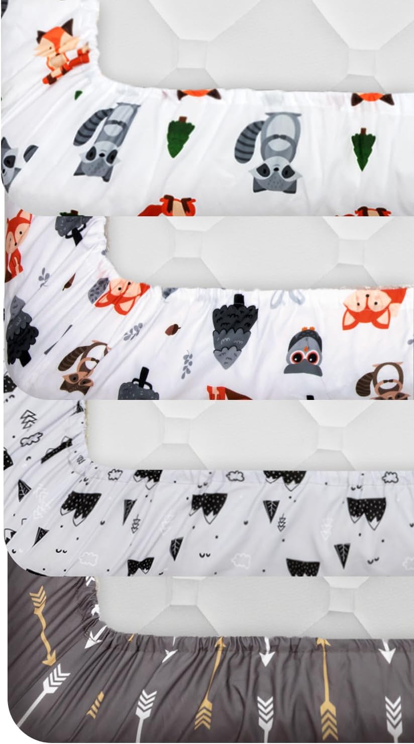 Juego de 4 sábanas ajustables unisex para cuna de bebé, diseño de animales del bosque del bosque, de madera, neutro, para bebés, niños o niñas, zorro
