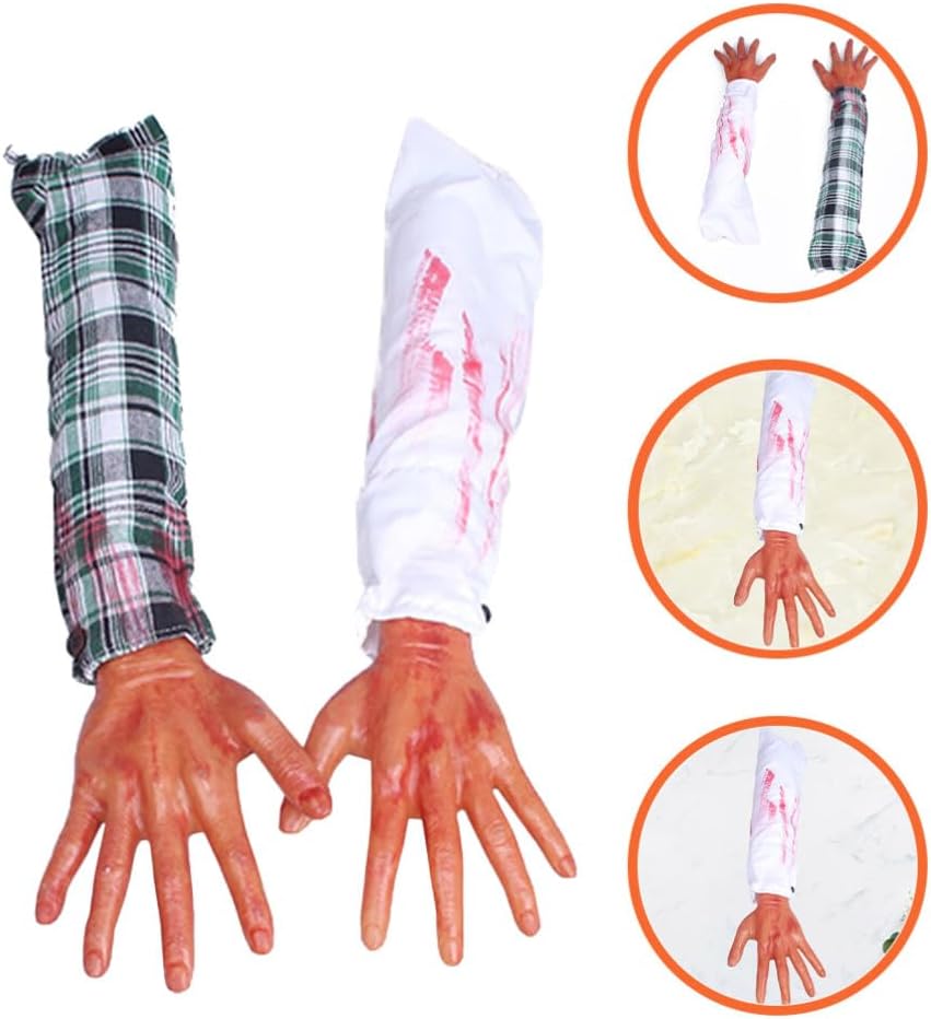 PRETYZOOM 2 piezas de brazo falso de Halloween, manos ensangrentadas rotas, partes del cuerpo de mano dividida, accesorios de miedo, broma para casa