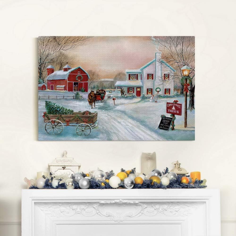 Renditions Gallery Arte de pared de granja de árbol de Navidad, escena de invierno campestre con granero rojo, decoraciones encantadoras, decoración