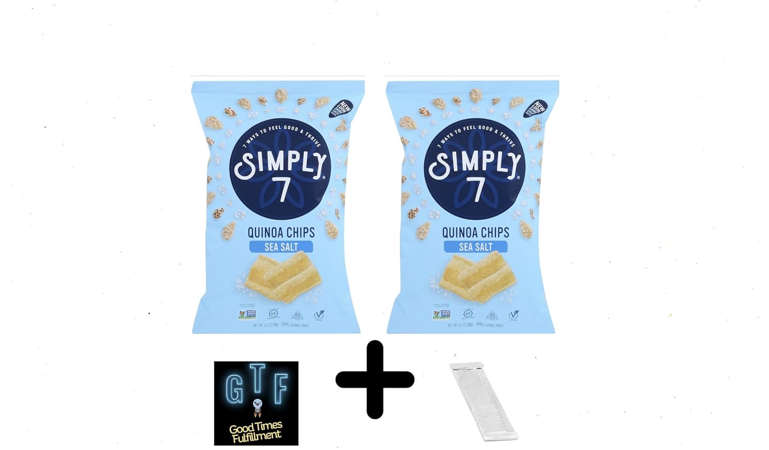 Simply 7 – Paquete de 2 chips de quinua con sal marina y pegatina GTF y palito de goma de mascar de menta verde