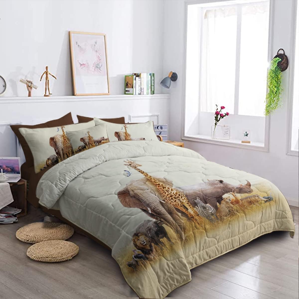 BlessLiving Safari Bed-in-A-Bag – Juego de edredón de 8 piezas de animales de la selva para niños, ropa de cama tamaño Queen, 1 edredón, 2 fundas, 1
