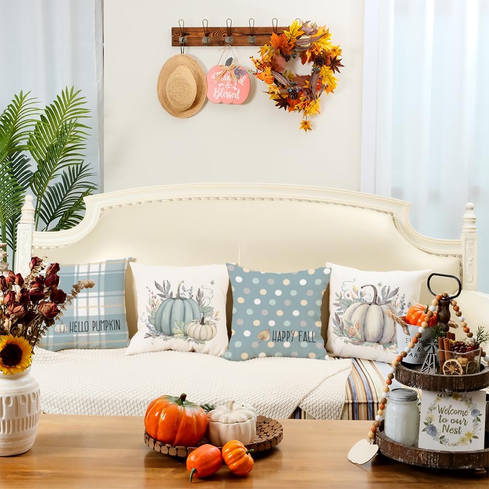 Juego de 4 fundas de almohada de otoño de 20 x 20 pulgadas, diseño de búfalo a rayas, lunares, calabazas, hojas, decoración de interiores,