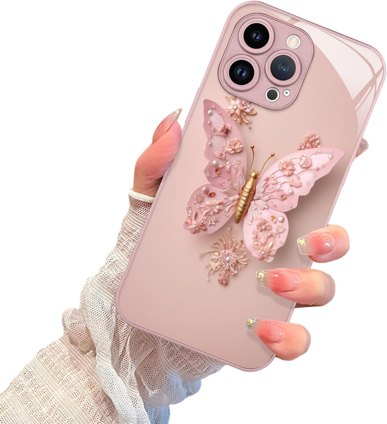 AIGOMARA Funda para iPhone 13 Pro Max de 6.7 pulgadas, bonita mariposa chapada en purpurina con protección de la cámara, a prueba de golpes,