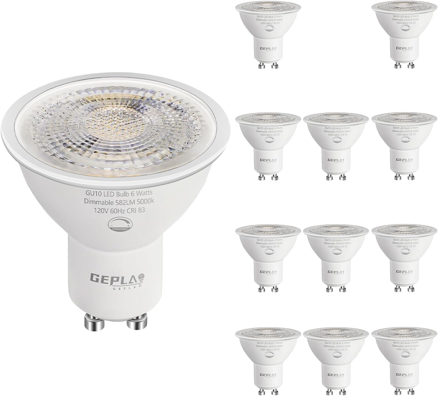 Paquete de 12 bombillas LED GU10 de luz diurna 5000 K, 6 W 582 LM regulables GU10 de dos puntas, reemplazo halógeno de 50 W, iluminación de pista,