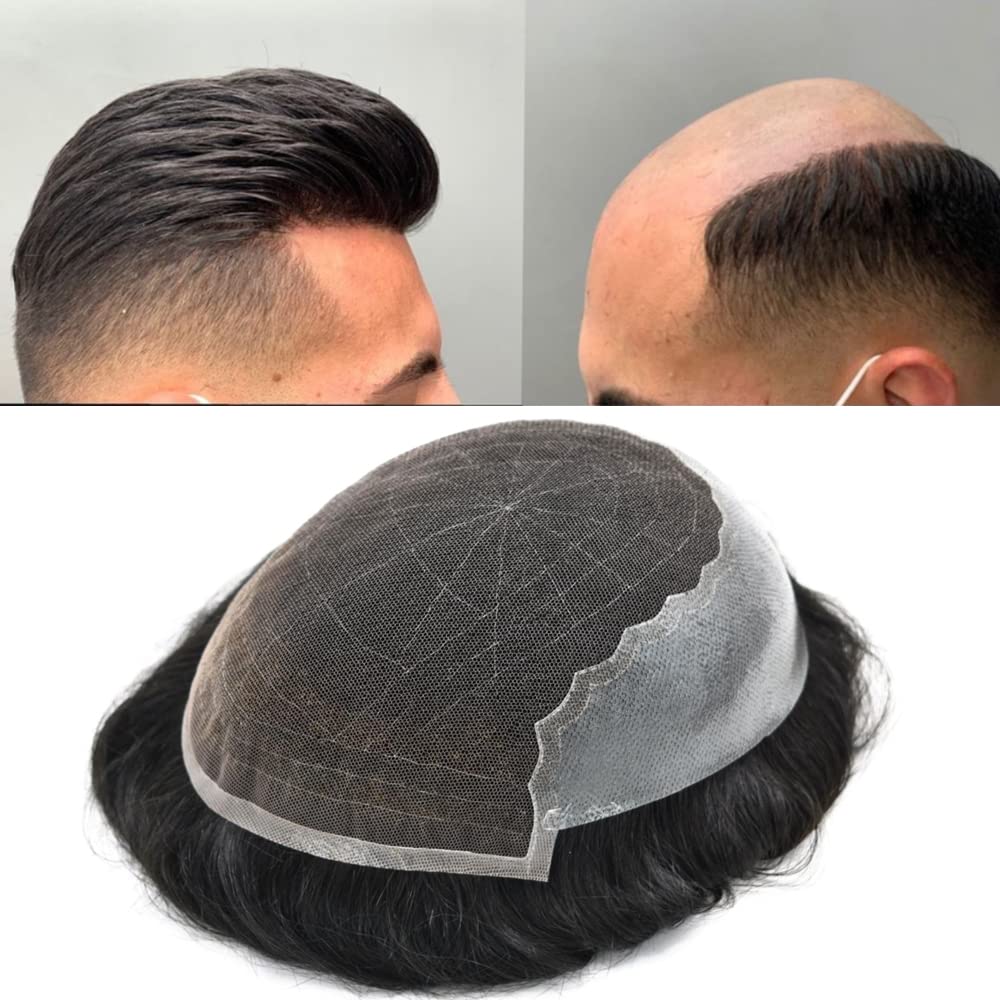 Pieza de pelo para hombre, tupé de cabello humano real para hombres, extensiones de cabello suave suizo de encaje tupé, sistema de piezas de pelo
