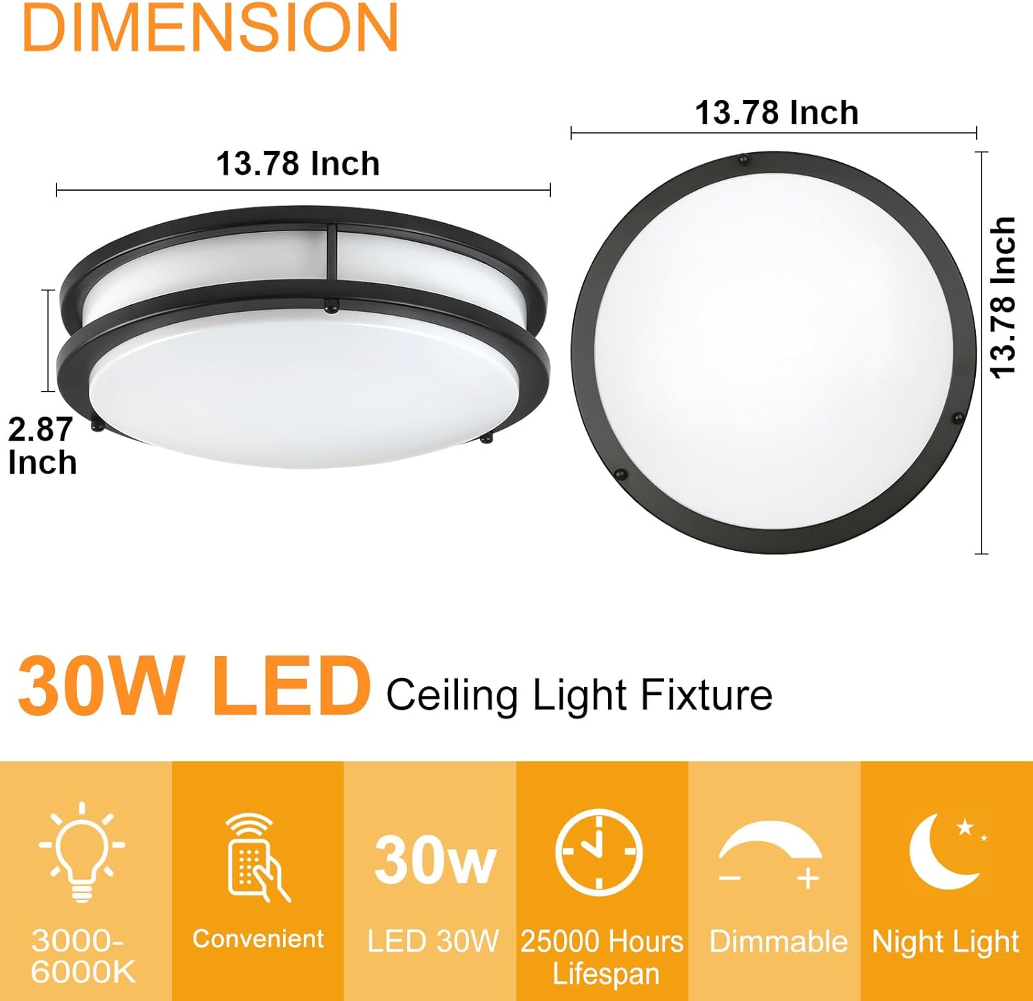 DLLT – Lámpara de techo LED moderna de 30 W con control remoto, regulable de 13 pulgadas, lámpara de techo redonda negra para dormitorio, cocina,