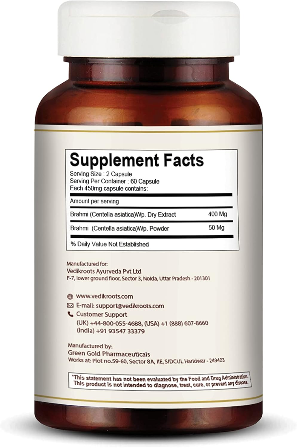 Brahmi (Bacopa Monnieri) Extracto puro 450 mg cápsulas vegetales (60 cápsulas) (paquete de 1)