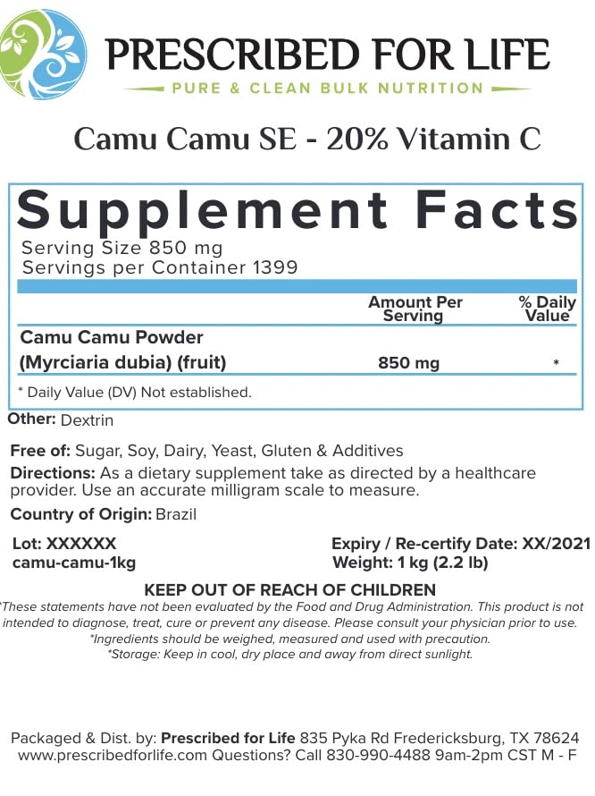 Prescribed For Life Camu Camu – Polvo de frutas Camu Berry Superfood para batidos  Polvo de extracto estandarizado de vitamina C 20% natural  Sin