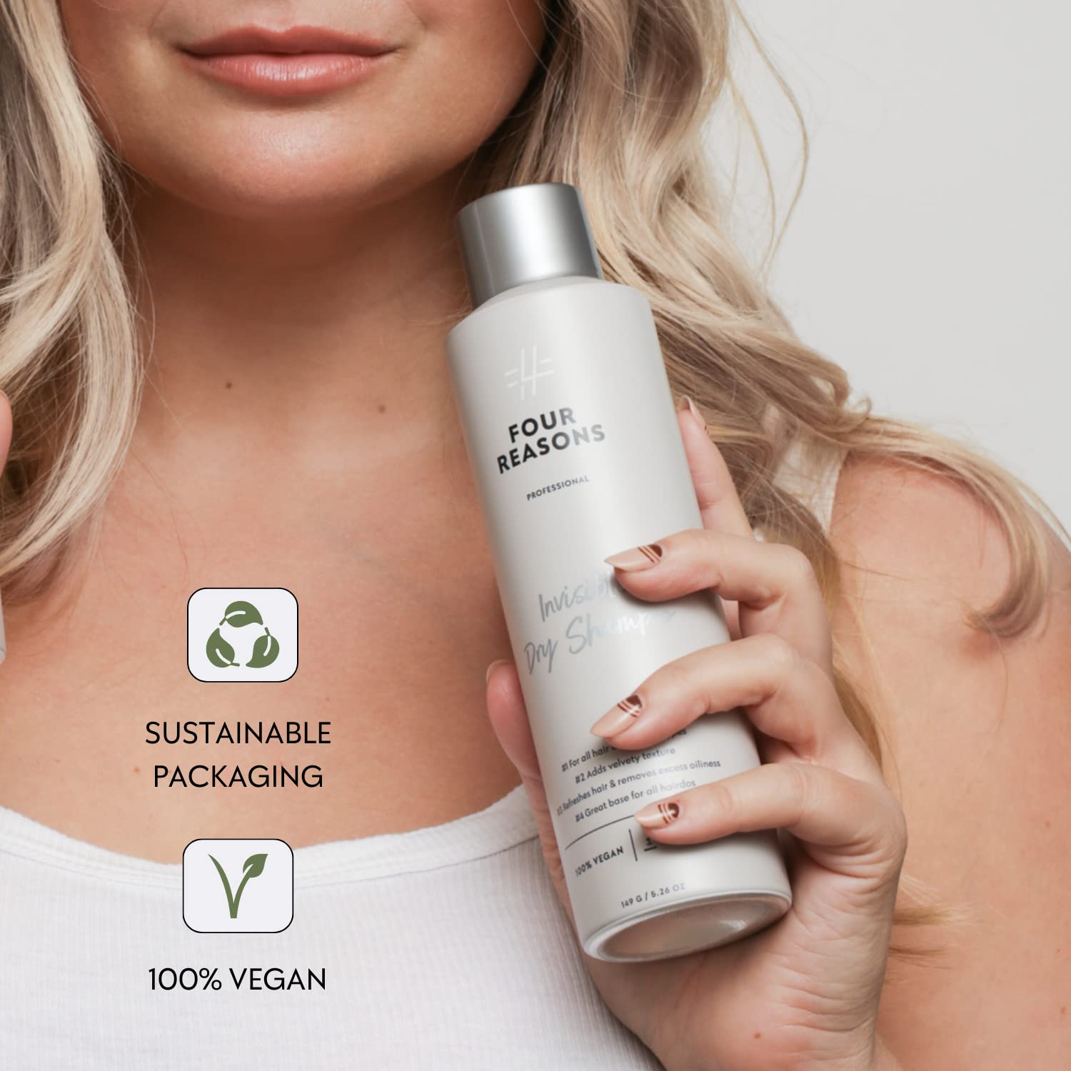 FOUR REASONS Champú seco invisible para mujeres, champú seco en polvo fino sin residuos visibles para todos los colores de cabello, añade volumen,