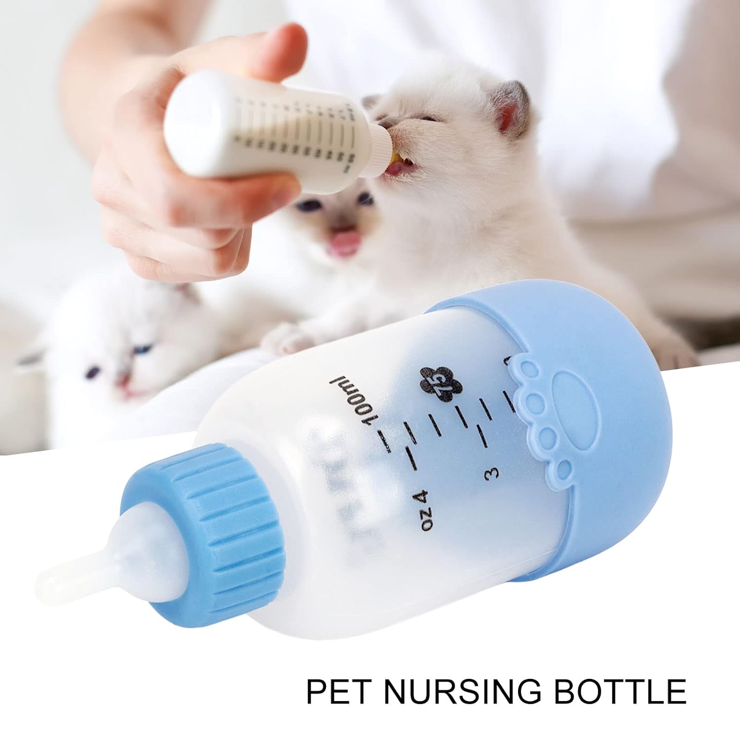 Botella de leche para mascotas, botella de lactancia de silicona transparente universal con 3 pezones para cachorros (azul)