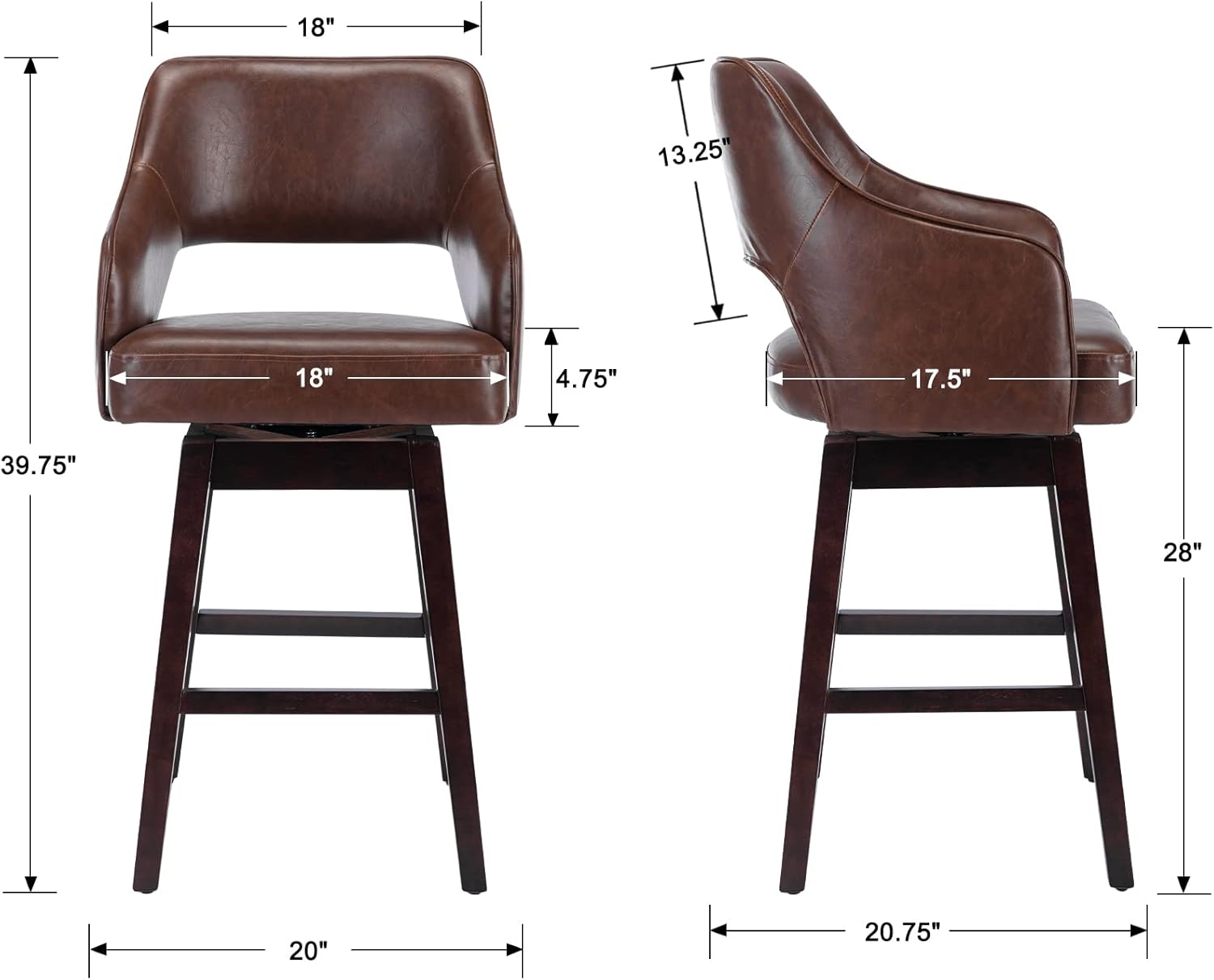 DM Furniture Juego de 2 taburetes de bar de 28 pulgadas de altura de mostrador, de piel sintética, giratorios de 360, con respaldo y patas de