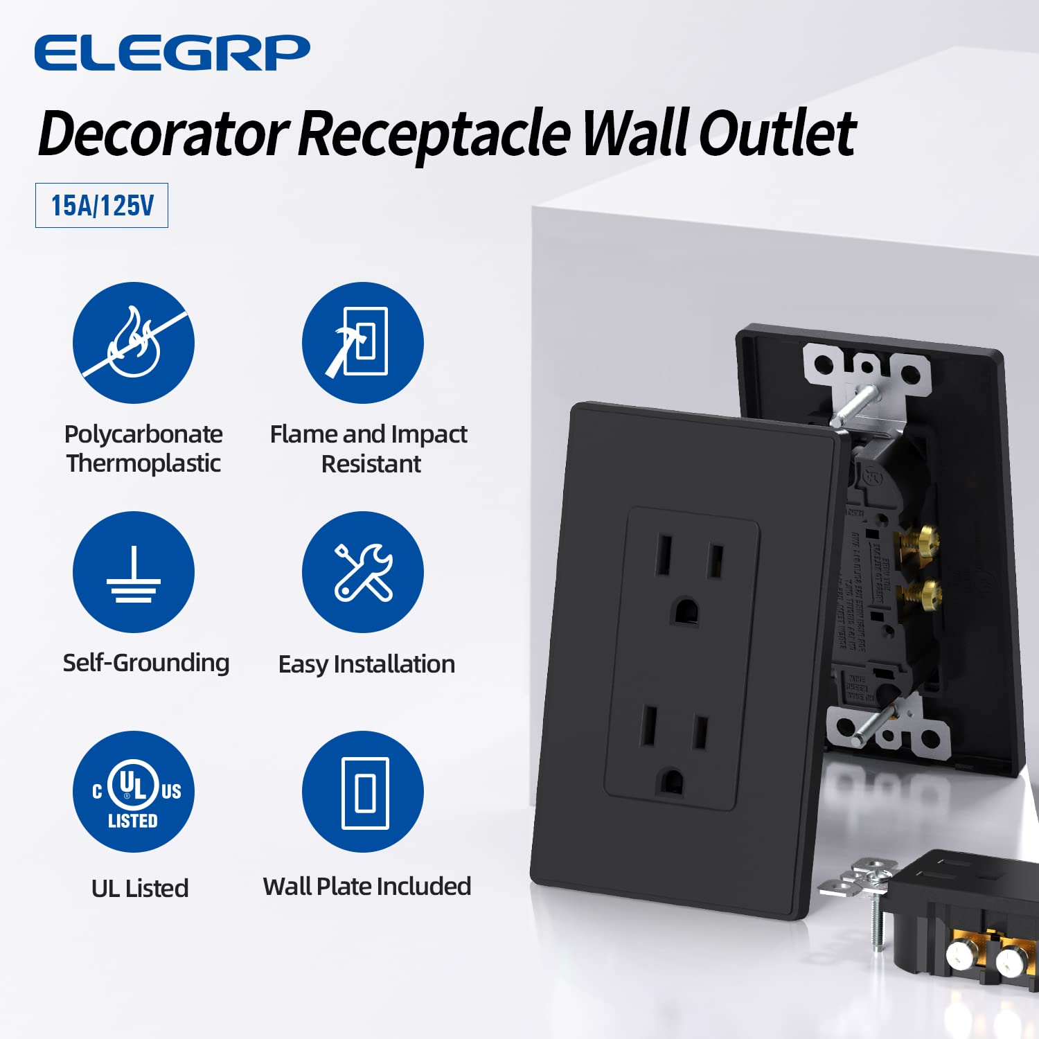ELEGRP Enchufe eléctrico de pared decorativo estándar negro mate, 15 A, 125 V, 2 polos, 3 cables, no resistente a manipulaciones, NEMA 5-15R,