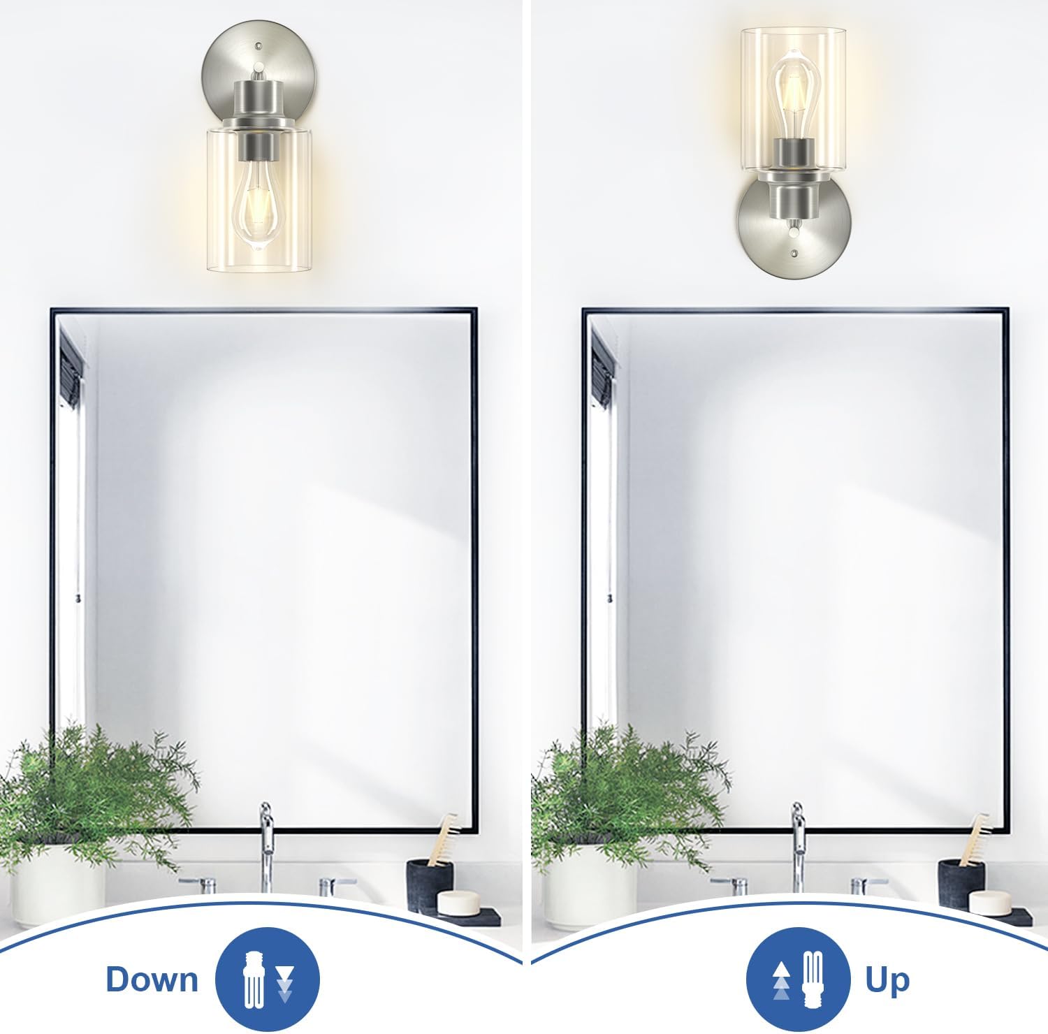 GORDNWE Aplique de pared de baño de 1 luz, luz de tocador de níquel cepillado, moderna lámpara de pared con pantalla de vidrio transparente y base