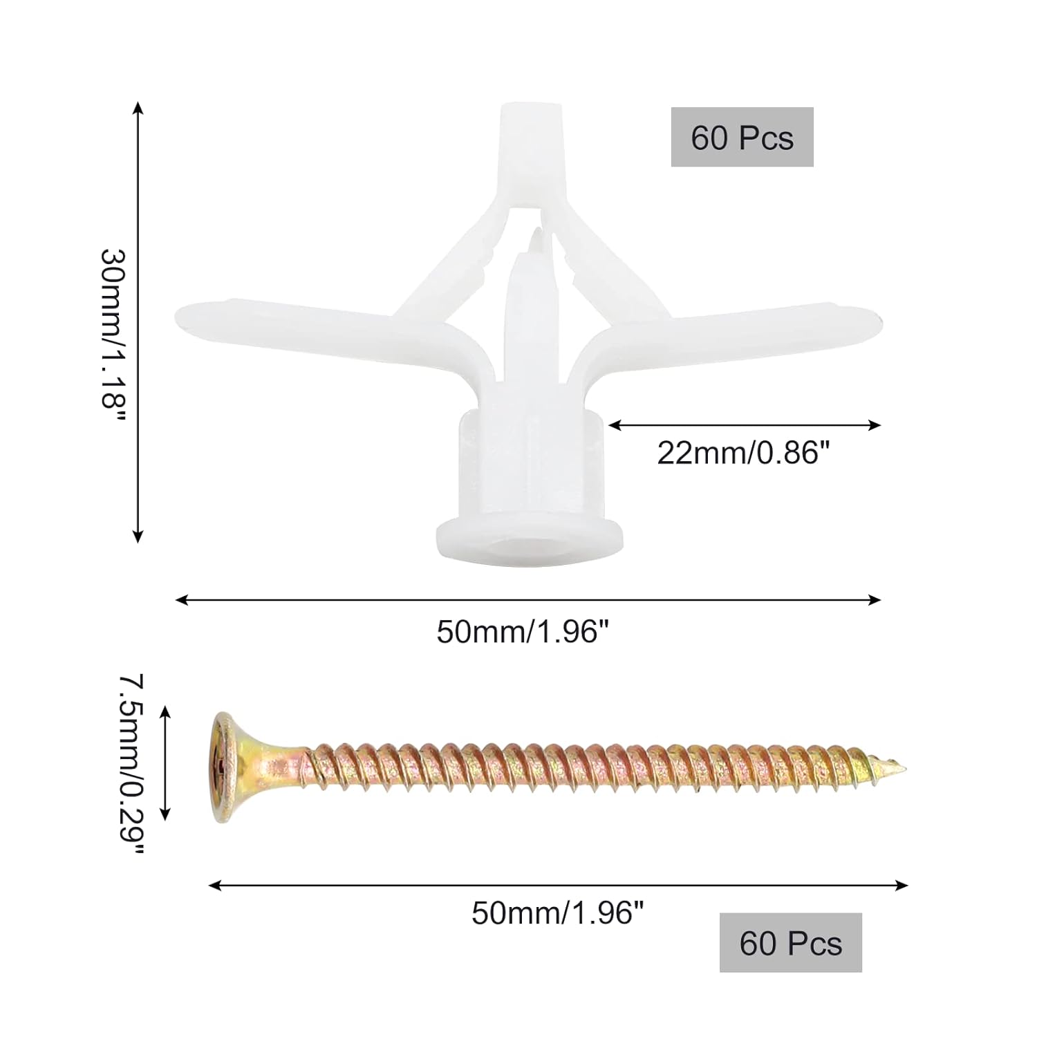 Kyuionty 60 juegos de anclajes huecos de pared con tornillos, kit de anclaje de pared hueca autoperforante de plástico para paneles de yeso (blanco,