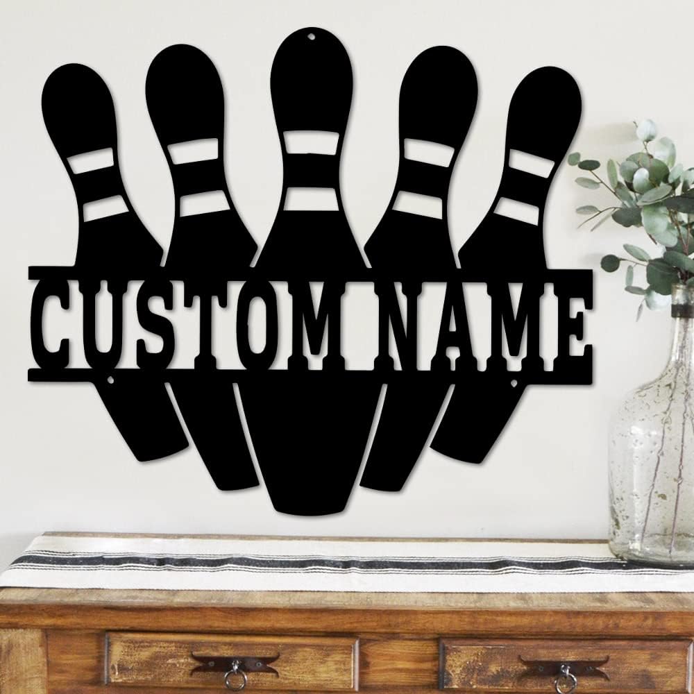 Arte de pared de metal de bolos personalizado, letrero de nombre de boliche personalizado para habitación, regalo de decoración del hogar de metal