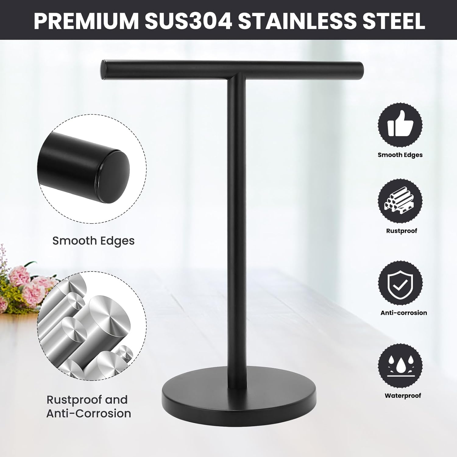 Toallero de mano de baño en forma de T, toallero de mano de acero inoxidable con base pesada, para baño, cocina y encimera, color negro