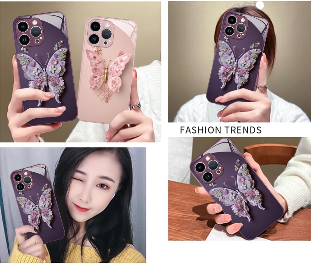 AIGOMARA Funda para iPhone 15 Pro Max de 6.7 pulgadas, bonita mariposa chapada en purpurina con protección de la cámara, a prueba de golpes,
