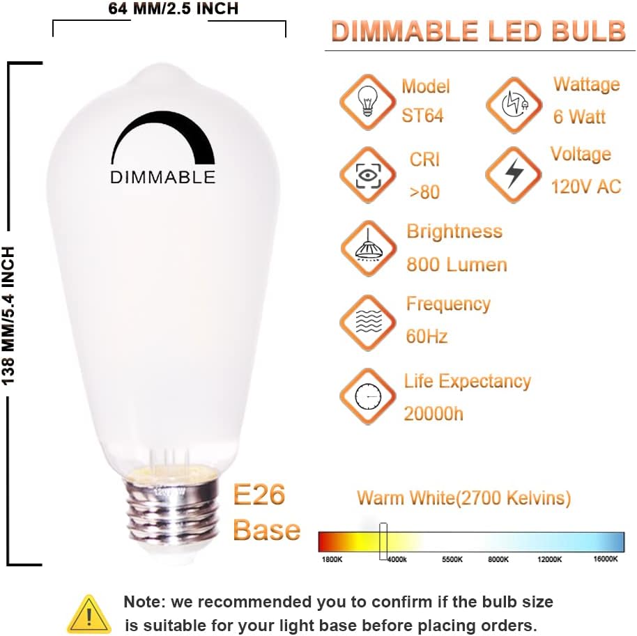 ST64 – Bombillas LED vintage equivalentes a 6 W, 60 W, 2700 K, blanco cálido, 800 lm, brillo regulable, bombillas LED con base E26 y cubierta de