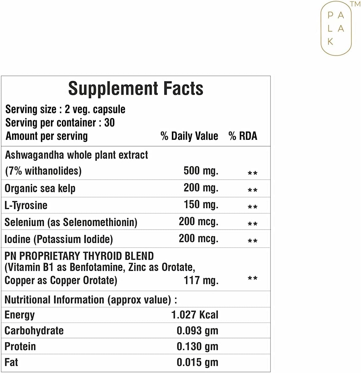 Palak Note Miduty Triple Thyro Care – Selenio, algas marinas, L-tirosina, zinc, Ashwagandha, B1 (paquete de 60 cápsulas)
