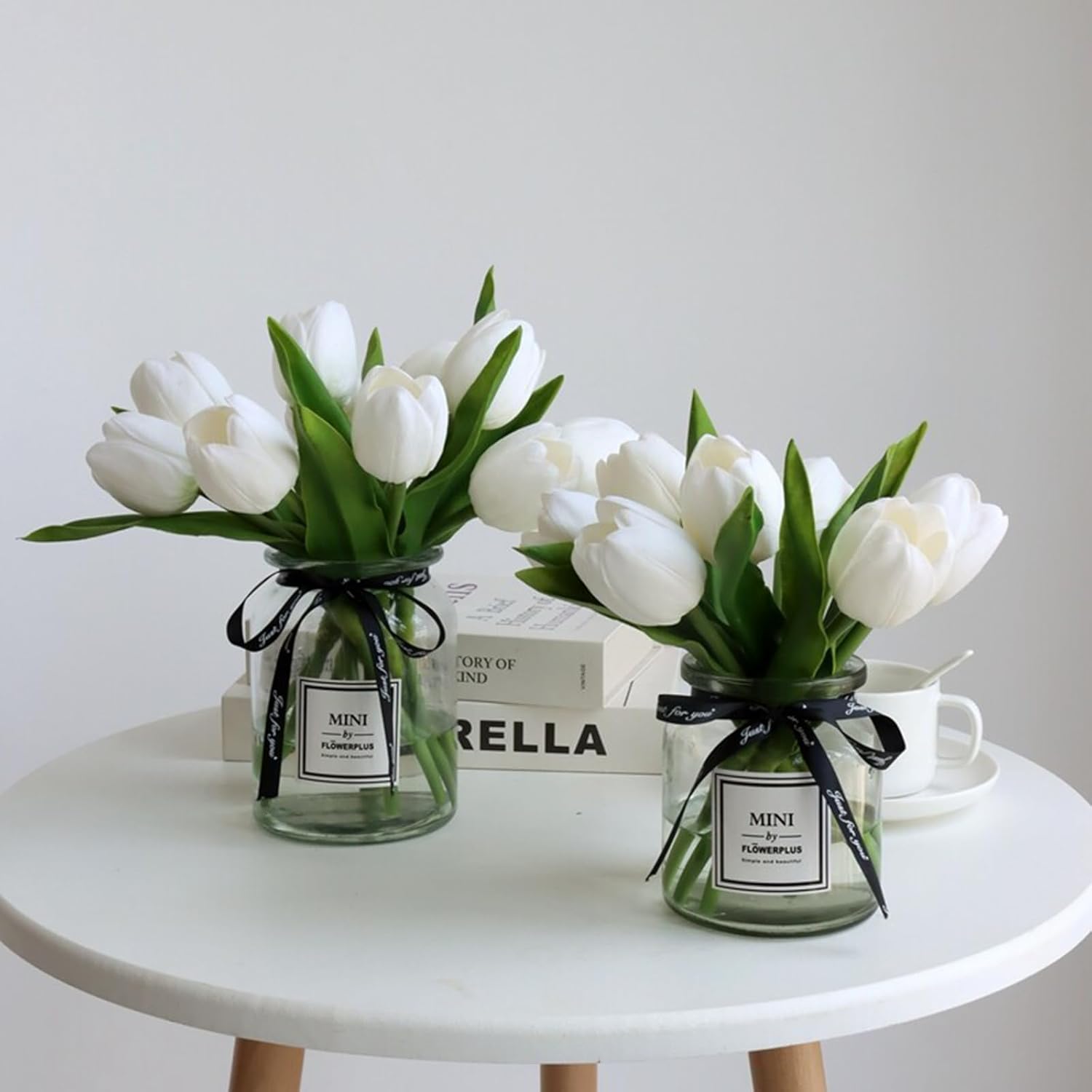 Buart Tulipán blanco y verde, flores artificiales de lujo, tulipán grande, día de San Valentín, día de la madre, Pascua, hogar, cocina, decoración