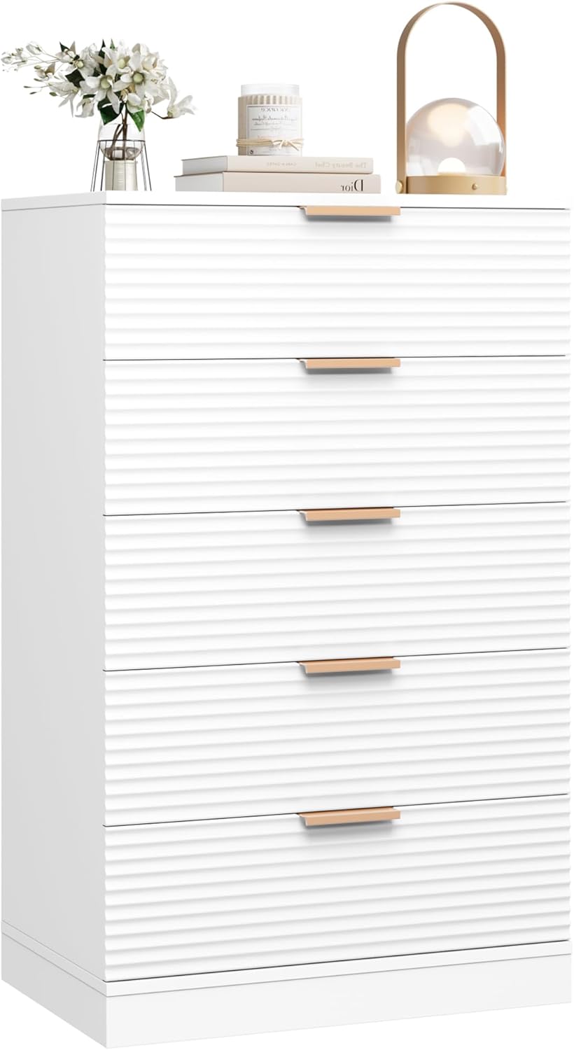 Cómoda moderna de 5 cajones, cómoda alta con almacenamiento, cómoda de madera con asas integradas, armario de almacenamiento de gran capacidad para