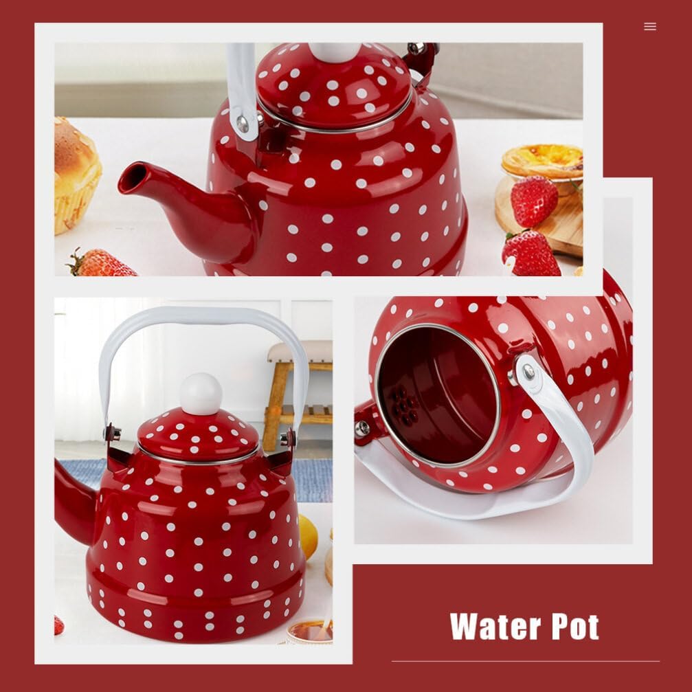 DOITOOL Hervidor de té esmaltado para estufa, tetera esmaltada, tetera de café con lunares rojos y blancos con filtro de acero inoxidable para el