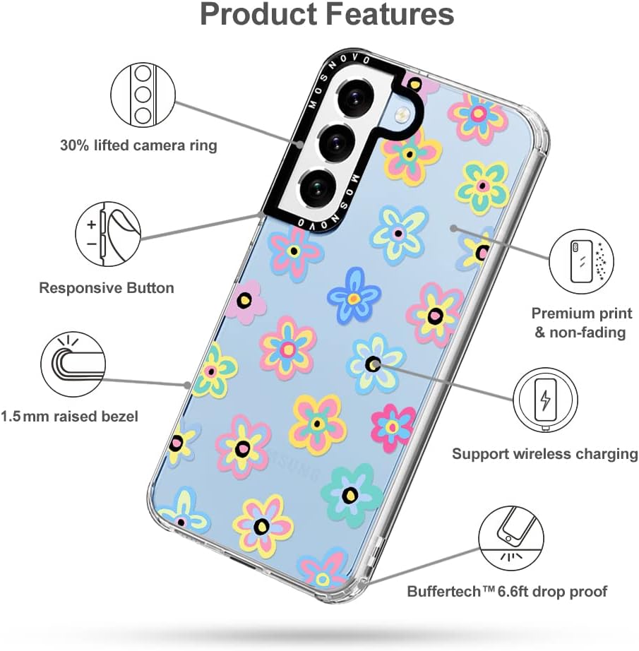 MOSNOVO Funda para Galaxy S22 Plus, funda para Samsung S22 Plus, Groovy Flowers Slim Clear Case con diseño de mujeres y niñas, a prueba de golpes,