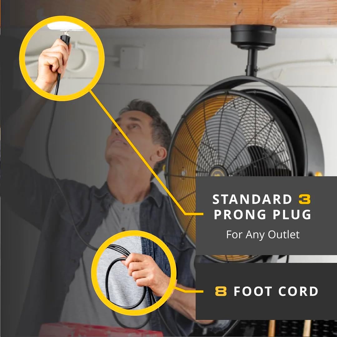 Mule 52007-45 Ventilador de garaje con cable enchufable montado en el techo de 18 pulgadas de 3 velocidades sin control remoto – negroamarillo