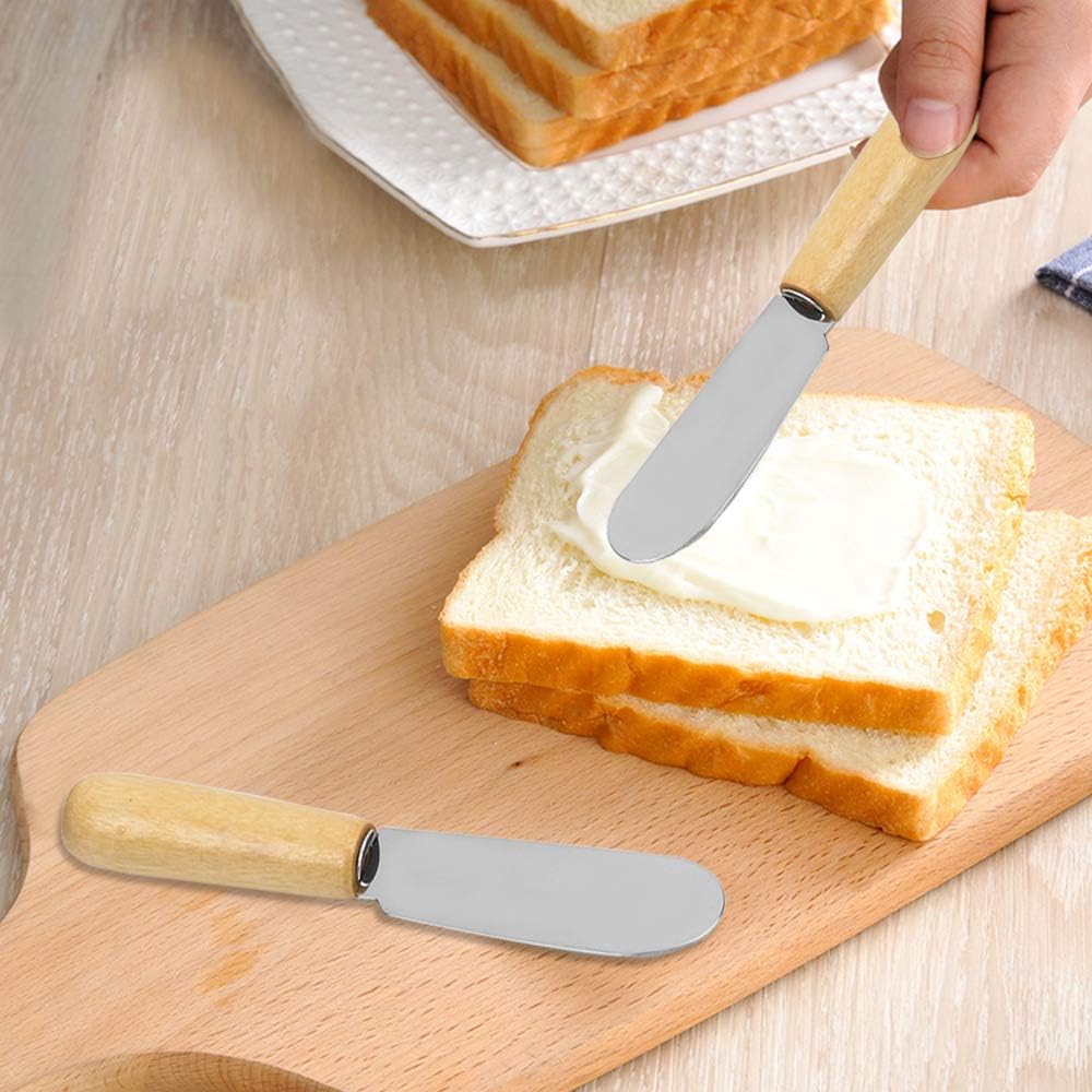 DaKuan Esparcidor de mantequilla con mango de madera, 4 pulgadas, cuchillos para condimentos de queso crema, juego de 6