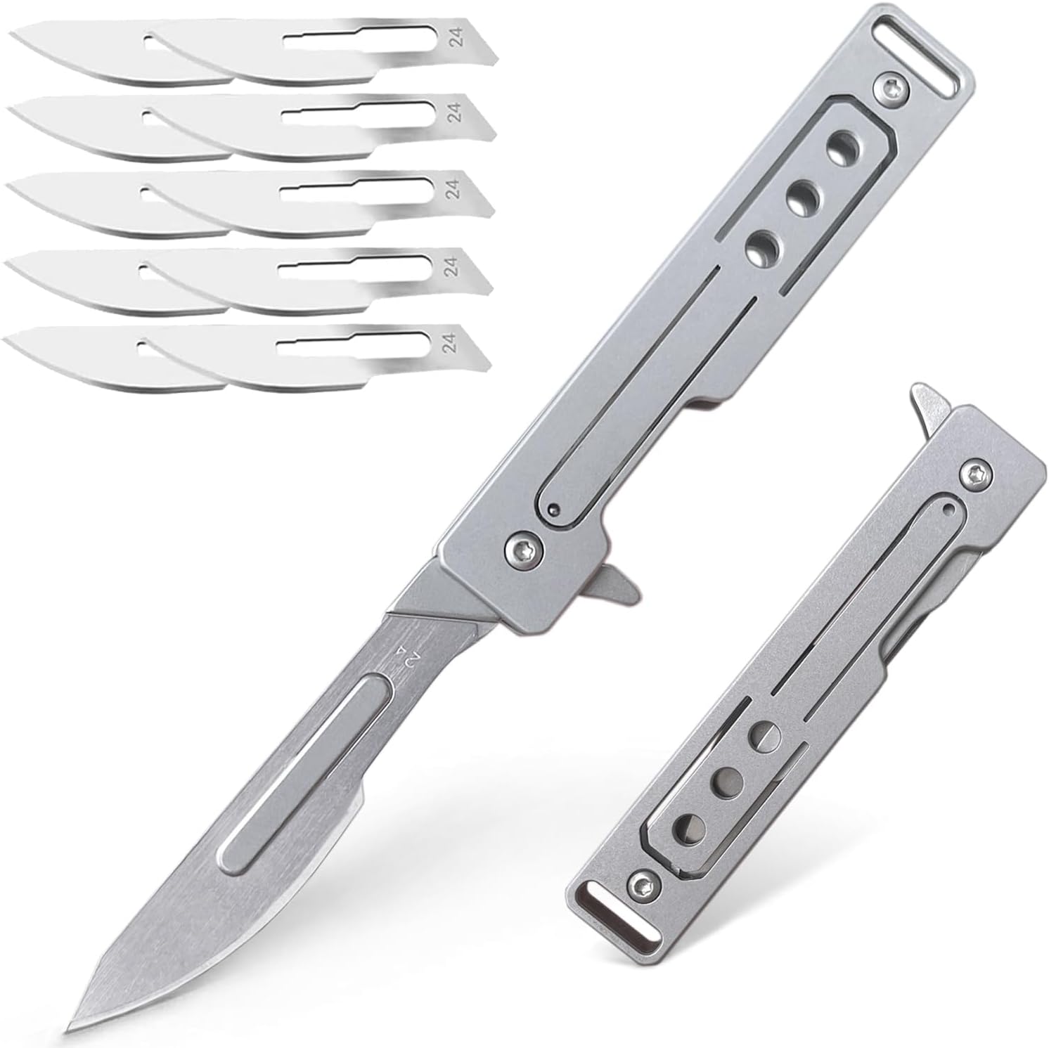 Cuchillo de bisturí plegable, cuchillo de bolsillo para hombres, cuchillo de llavero pequeño, cuchillos delgados con 10 cuchillas reemplazables #24,