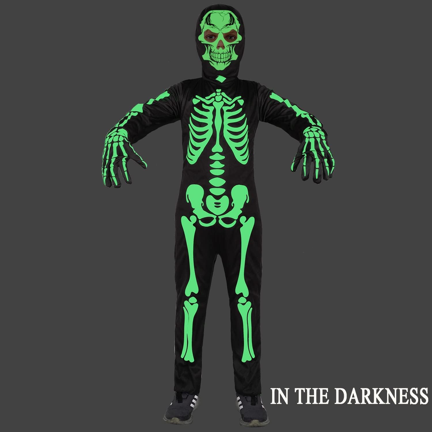 Disfraz de esqueleto para niños, disfraz de Halloween que brilla en la oscuridad, color negro