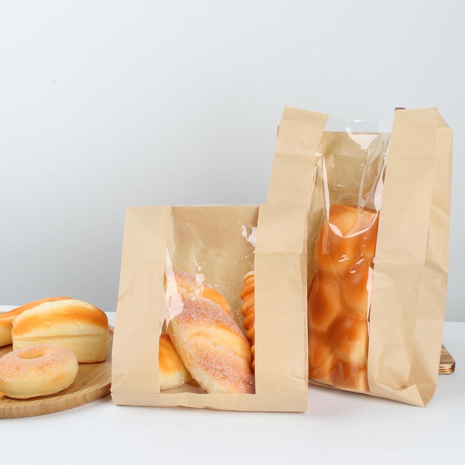Paquete de 100 bolsas grandes de papel para pan casero, bolsas de panadería con ventana para almacenamiento de envases de alimentos horneados,