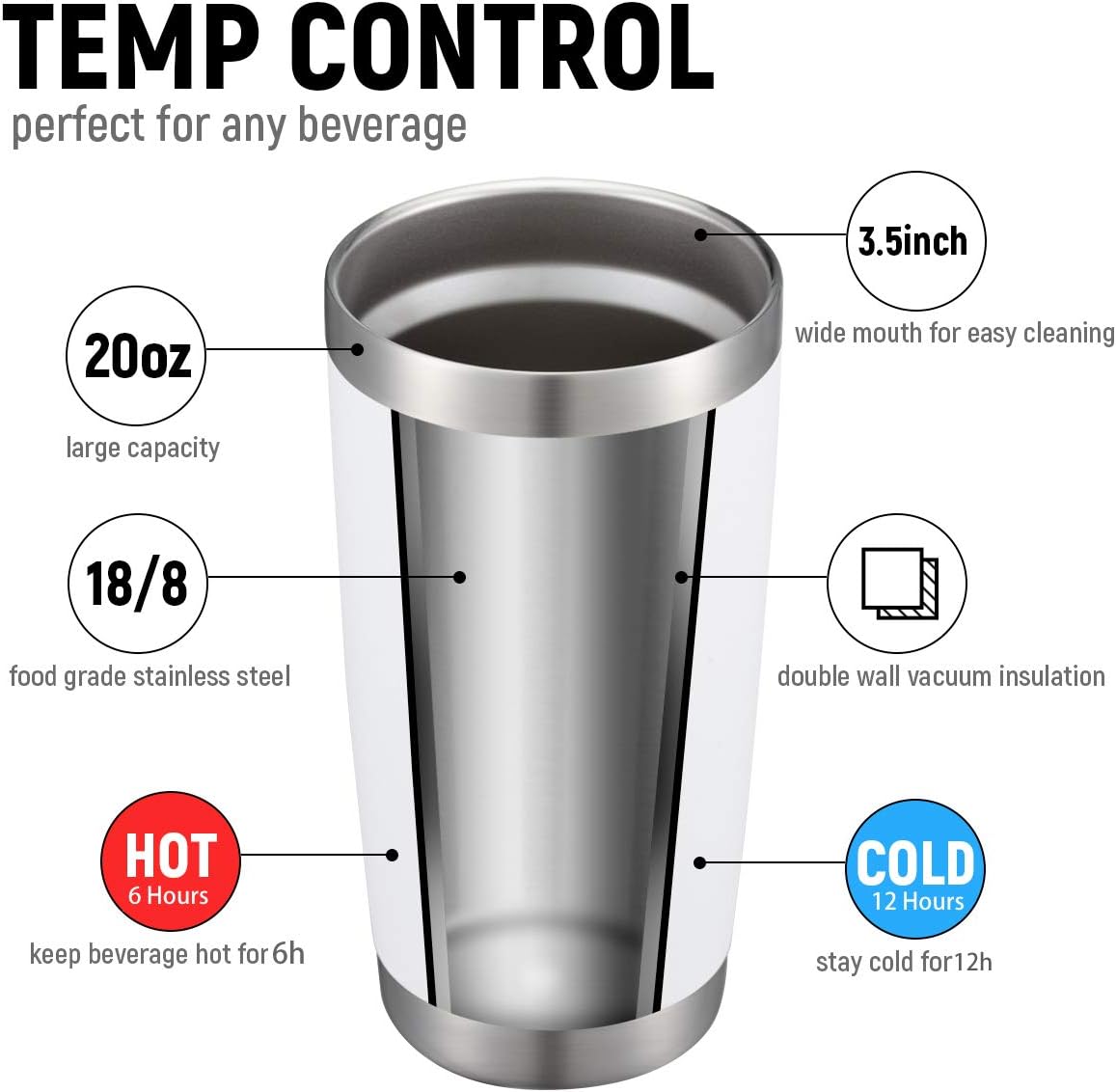 COMOOO Vaso blanco de 20 onzas con aislamiento al vacío de doble pared para café, taza de viaje de acero inoxidable a granel con tapa y pajita,