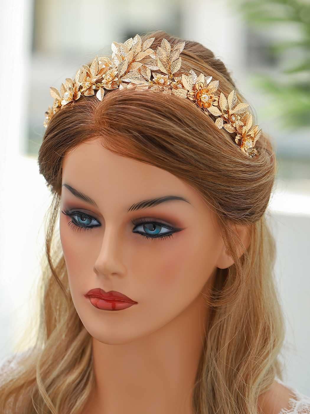 Brishow Diadema de hoja dorada, tocado de diosa geek romana, tocado de laurel de boda, accesorios para el cabello de ramas de olivo para mujeres y