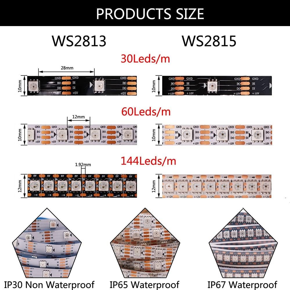 WS2815 Tira de LED RGB direccionable individualmente (actualizado WS2812B) 16.4ft 150Pixels Smart Flexible Dream Luz LED de doble señal a todo color