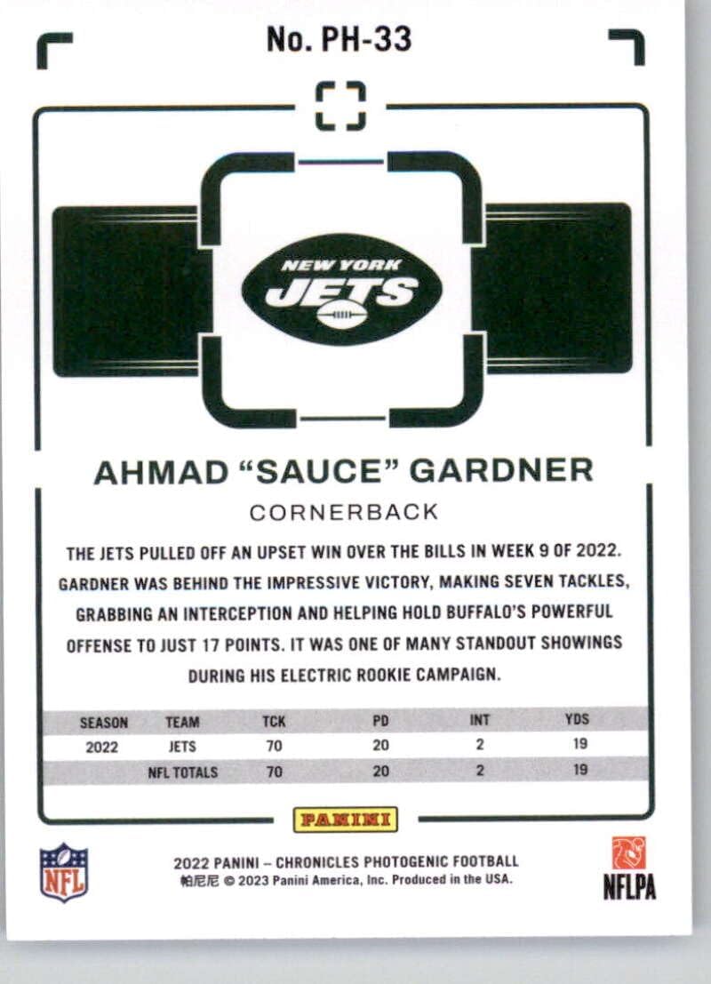 2022 Panini Chronicles Photogenic #33 Ahmad Sauce Gardner New York Jets RC Rookie Card Official NFL Football Card in Raw (NM or Better) Condition