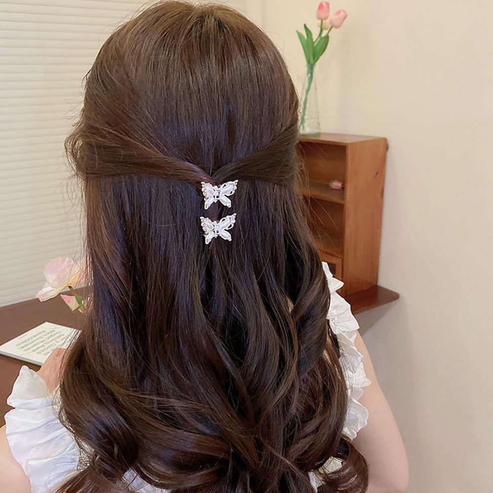 4 pinzas para el pelo de mariposa con diamantes de imitación de cristal, color dorado y plateado con perlas de mariposa, pinzas pequeñas de metal