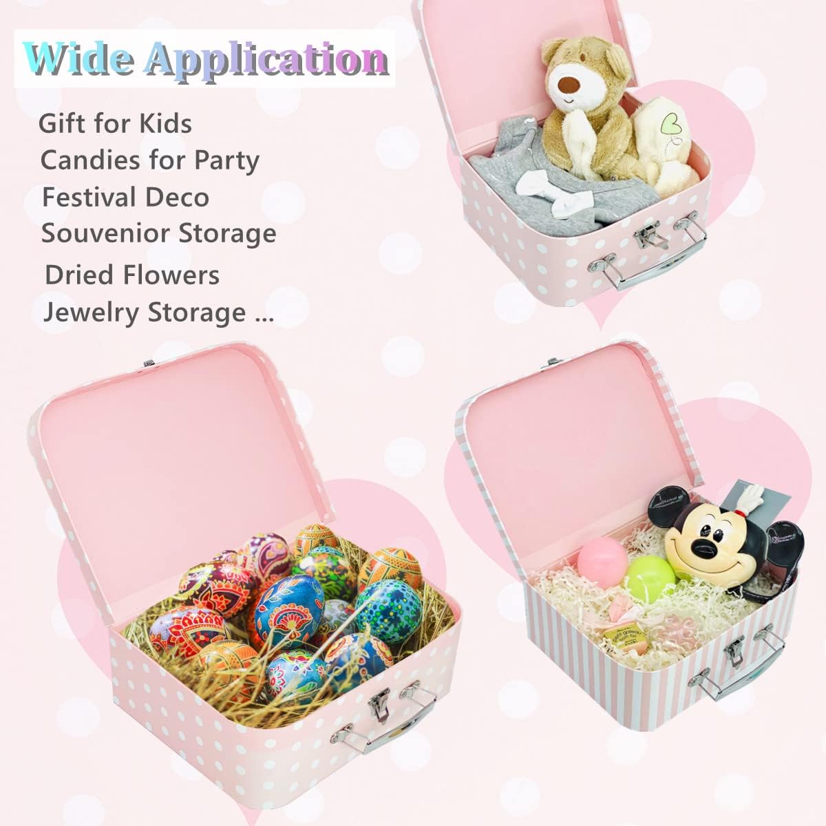 Amedoo Juego de 3 maletas de cartón decorativas, compatibles con organizador de almacenamiento Barbie, ropa de muñeca, juguetes, fotos, accesorios,