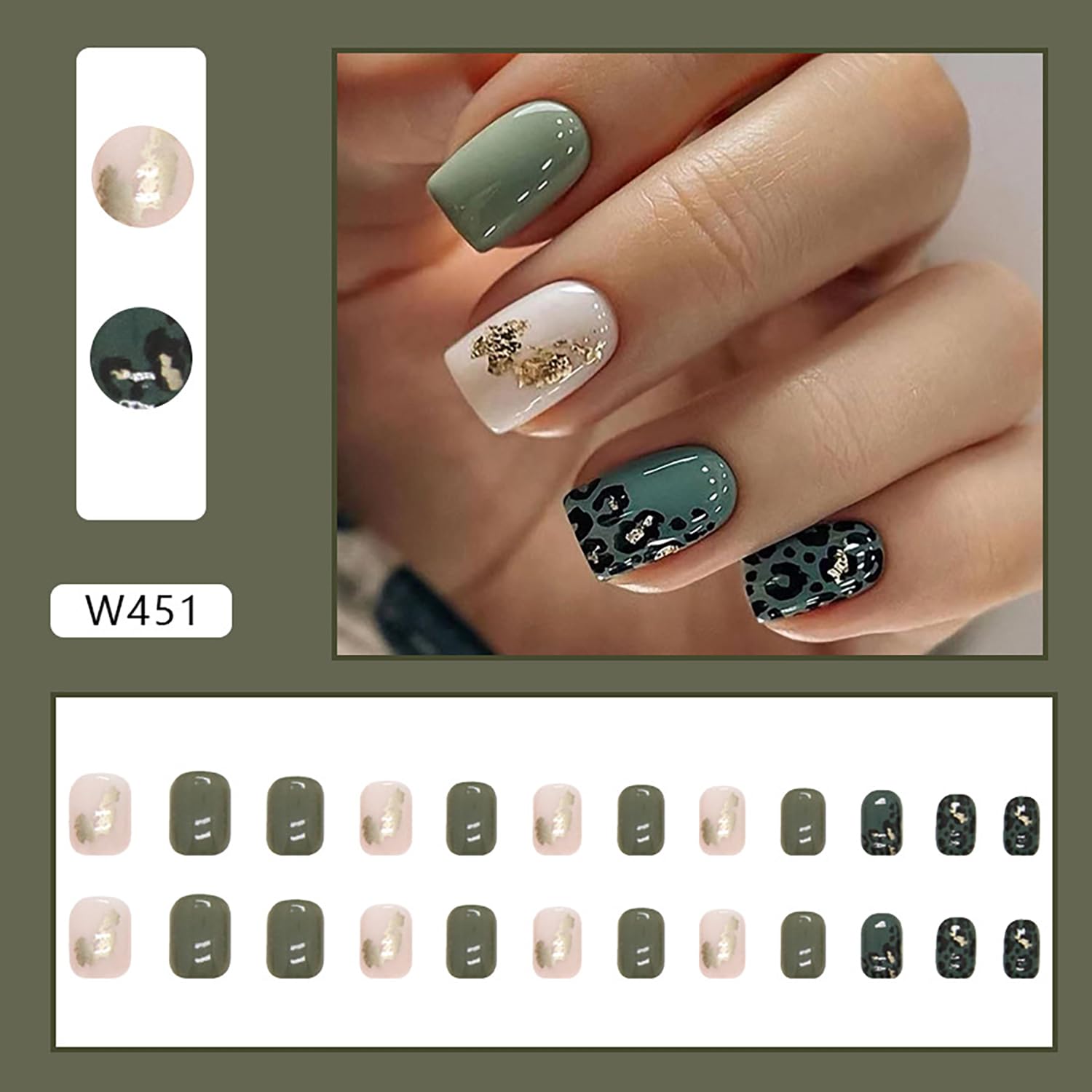 Uñas postizas cortas a presión cuadradas con diseño de lámina dorada, uñas postizas de leopardo verde, uñas acrílicas de cobertura completa, uñas