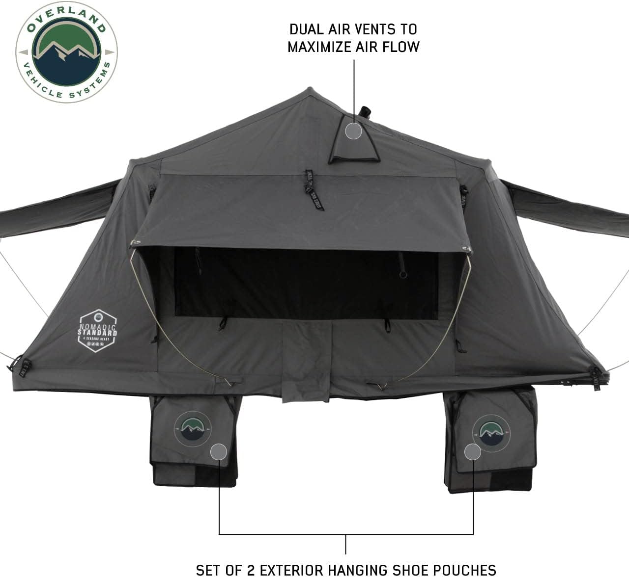 Overland Vehicle Systems HD Nomadic 3 – Tienda de campaña de techo de cubierta suave estándar, base gris oscuro con mosca de lluvia verde y cubierta